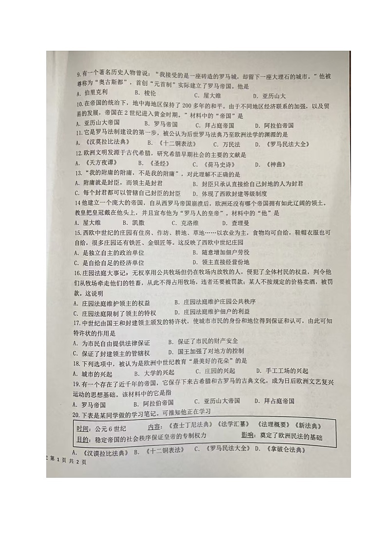 海南省琼中县2024-2025学年九年级上学期期中考试历史试题第2页