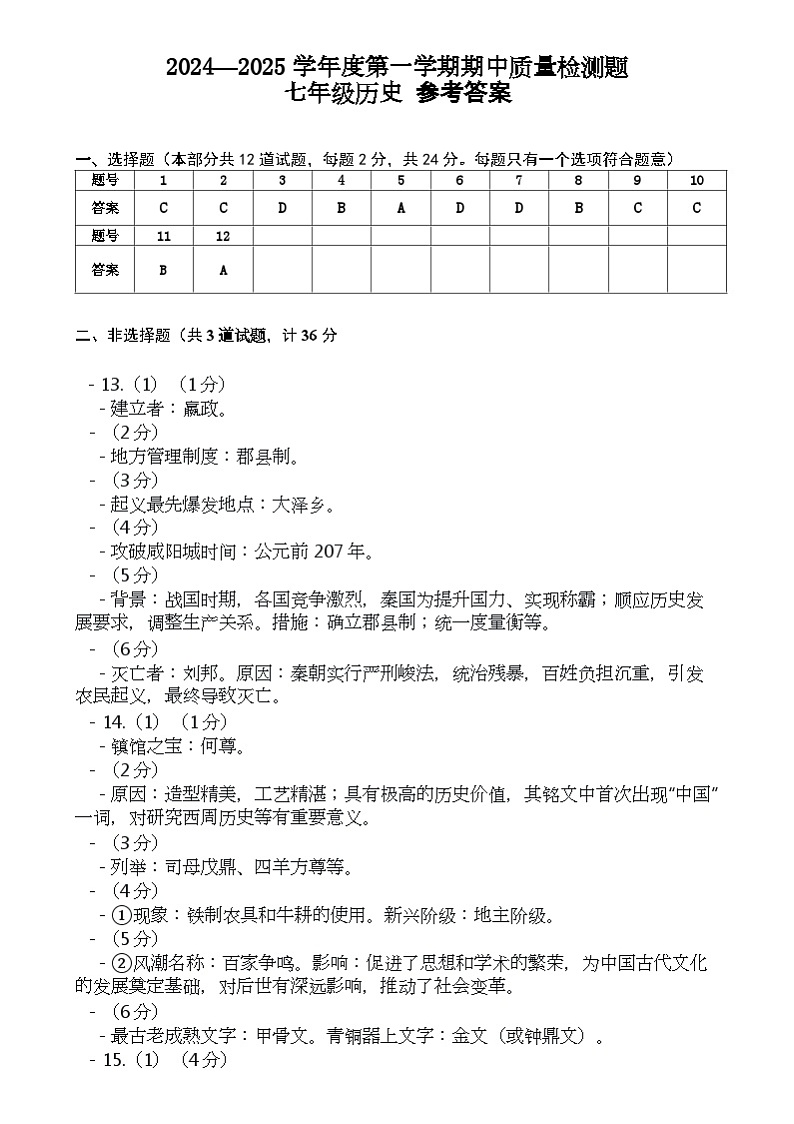 陕西省宝鸡市金台区2024—2025学年部编版七年级历史上学期期中质量检测试题参考答案第1页