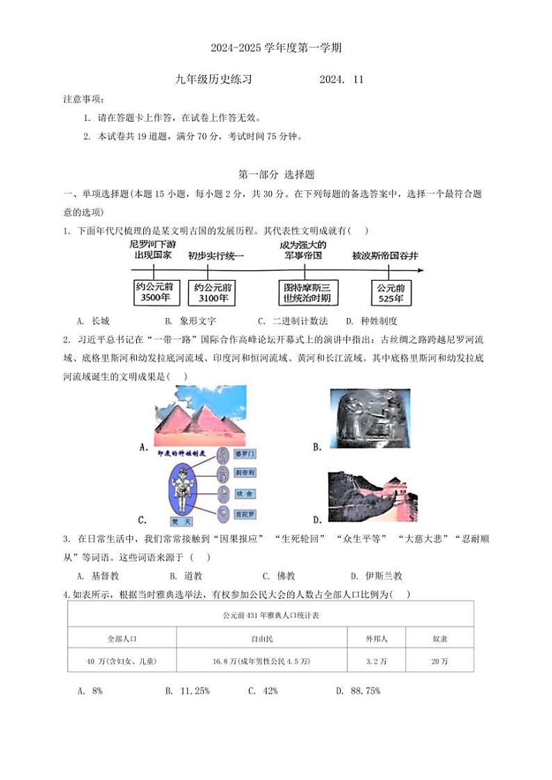 辽宁省大连市瓦房店市2024～2025学年九年级(上)期中历史试卷(含答案)01