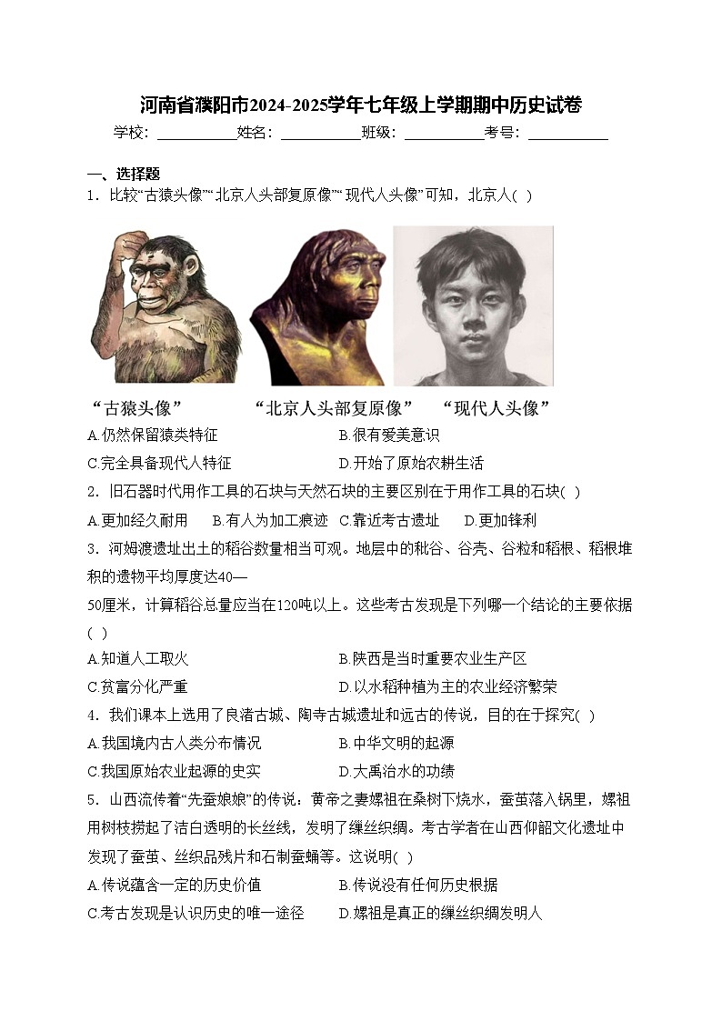 河南省濮阳市2024-2025学年七年级上学期期中历史试卷(含答案)第1页