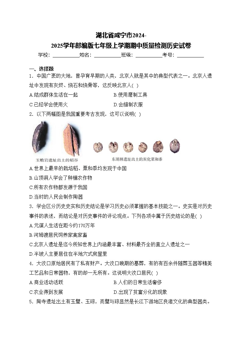 湖北省咸宁市2024-2025学年部编版七年级上学期期中质量检测历史试卷(含答案)第1页