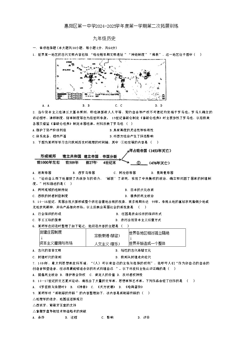 广东省惠州市惠阳区第一中学2024-2025学年部编版九年级上学期11月期中历史试题第1页