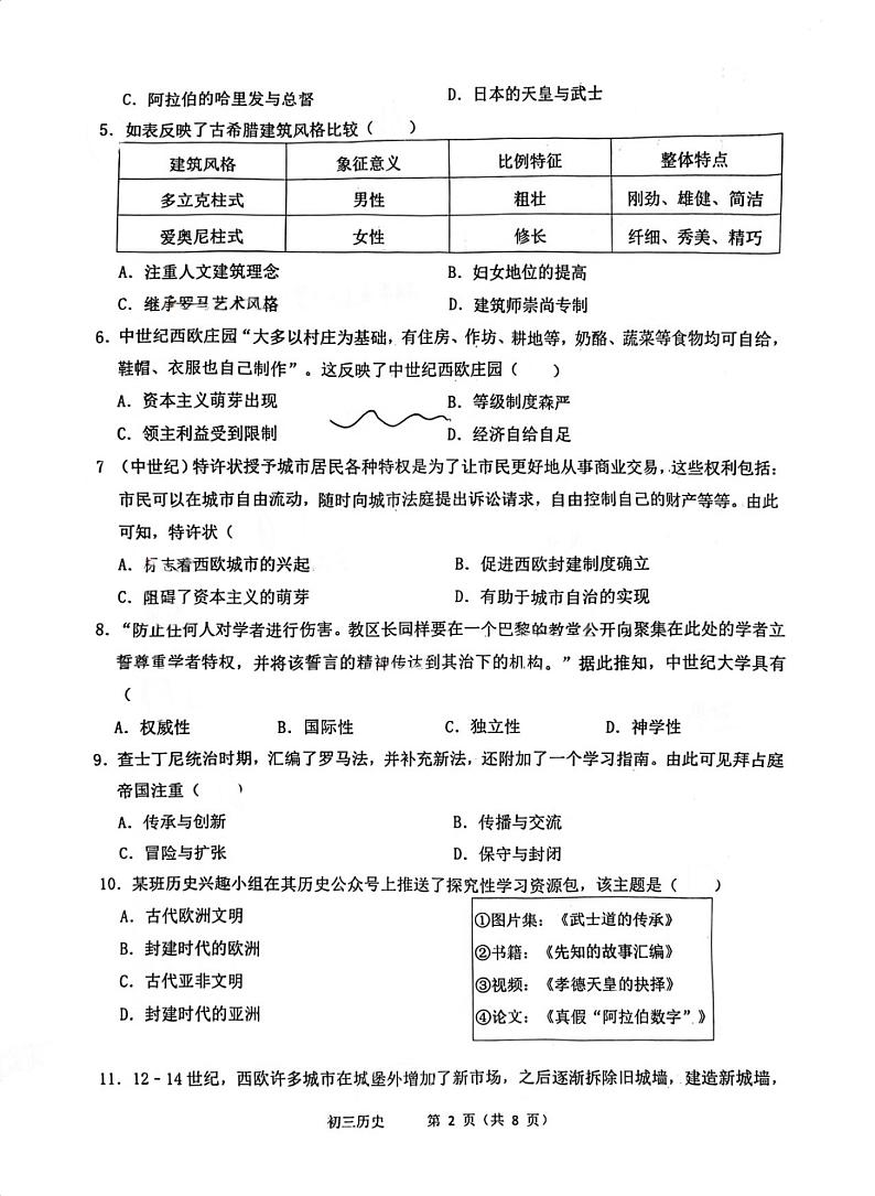 广东省茂名市祥和中学2024-2025学年上学期九年级历史期中考试试题第2页