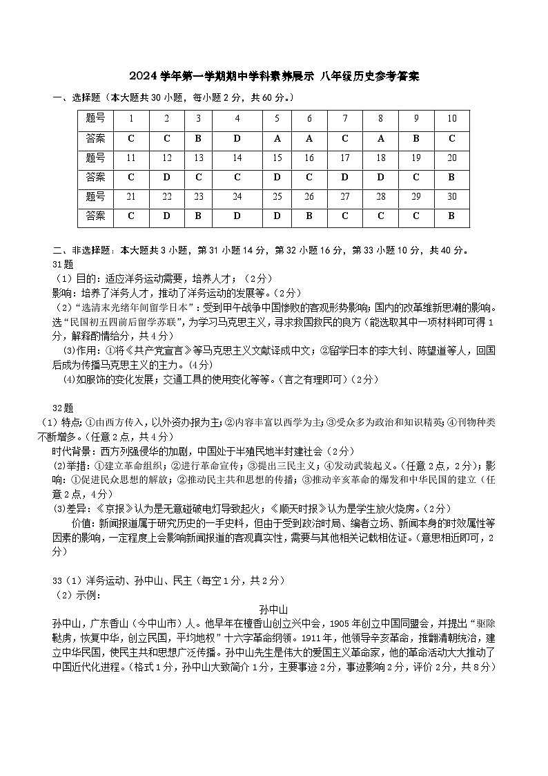 2024学年第一学期期中学科素养展示 八年级历史答案第1页