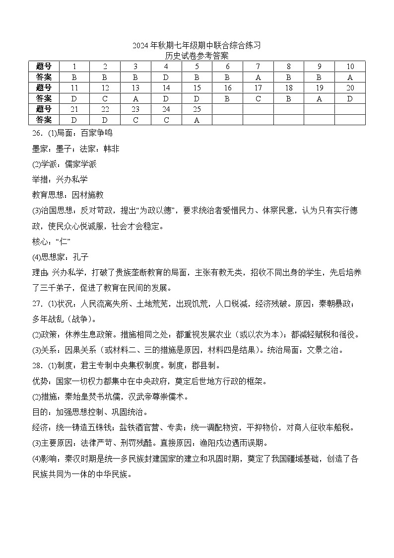 四川省泸州市泸县四中教育共同体2024-2025学年七年级上学期11月期中历史试题01