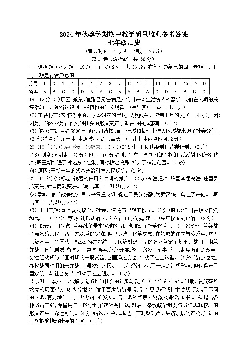 2024年秋季学期七年级历史期中教学质量监测参考答案第1页