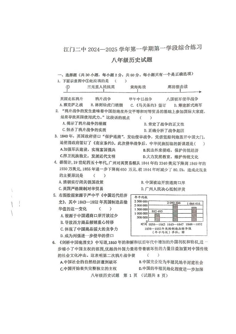 广东省江门市第二中学2024-2025学年八年级上学期10月期中历史试题第1页