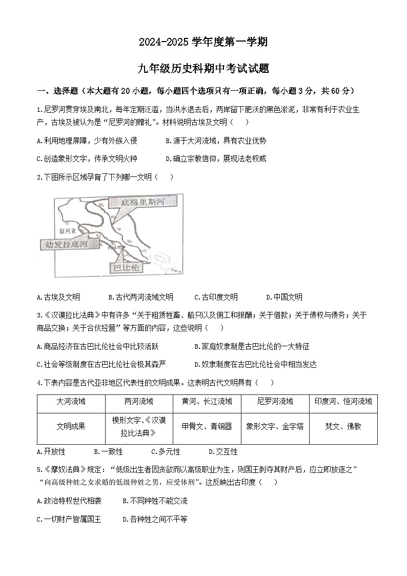 海南省文昌市2024-2025学年九年级上学期期中历史试题第1页