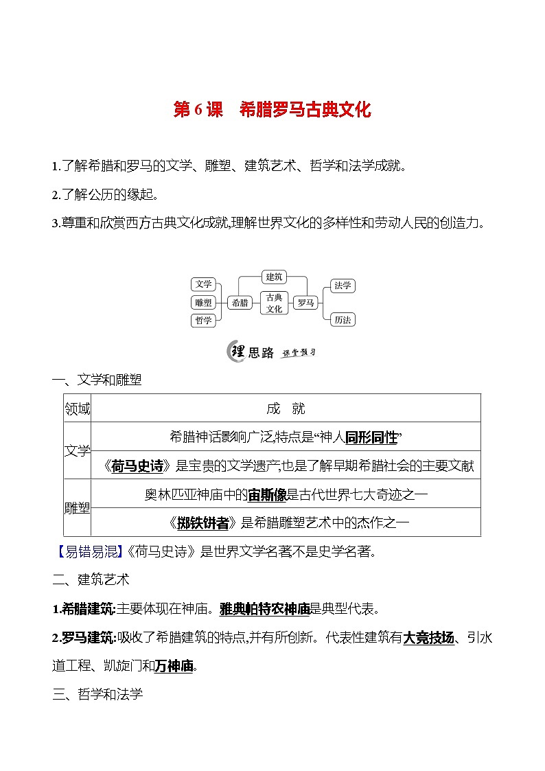 2024-2025 初中历史  九年级上册  第二单元  第6课　希腊罗马古典文化 每课一练（教师版）  第1页