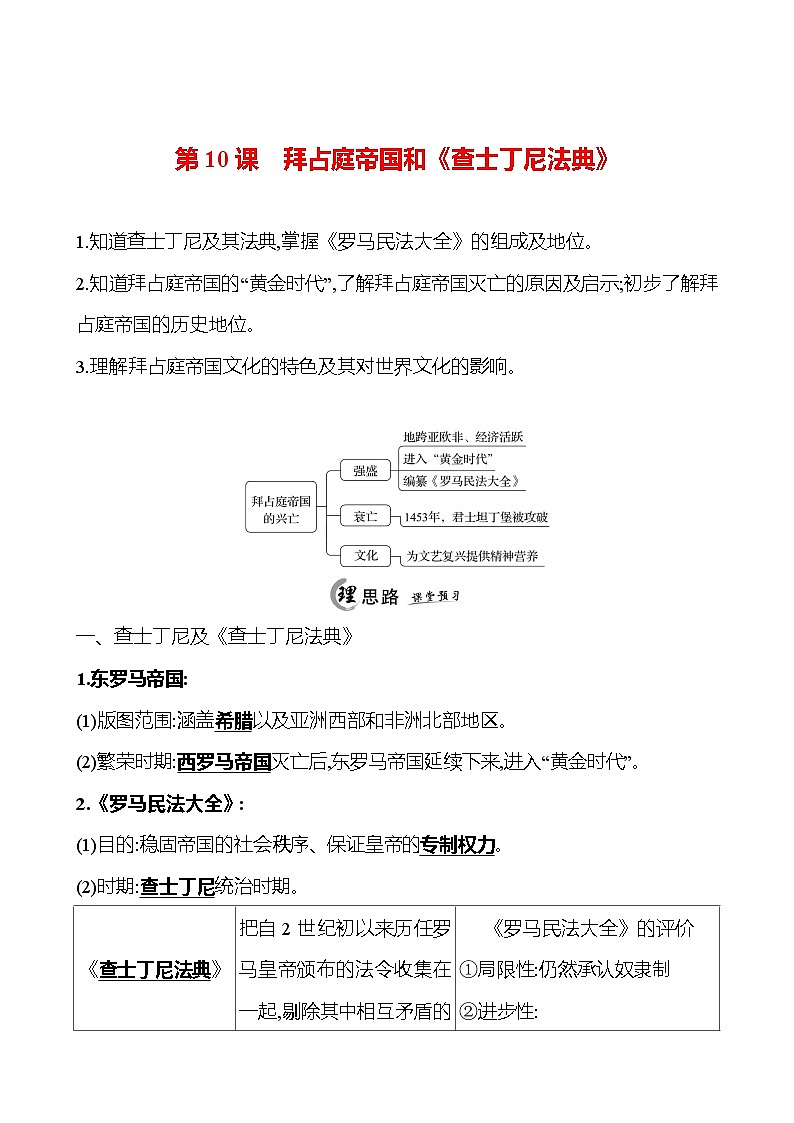 2024-2025 初中历史  九年级上册  第三单元  第10课　拜占庭帝国和《查士丁尼法典》 每课一练（教师版）  第1页