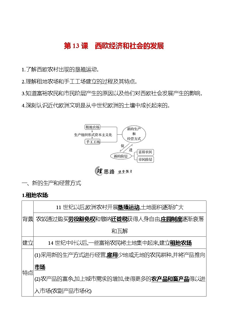 2024-2025 初中历史  九年级上册  第五单元  第13课　西欧经济和社会的发展 每课一练（教师版）  第1页