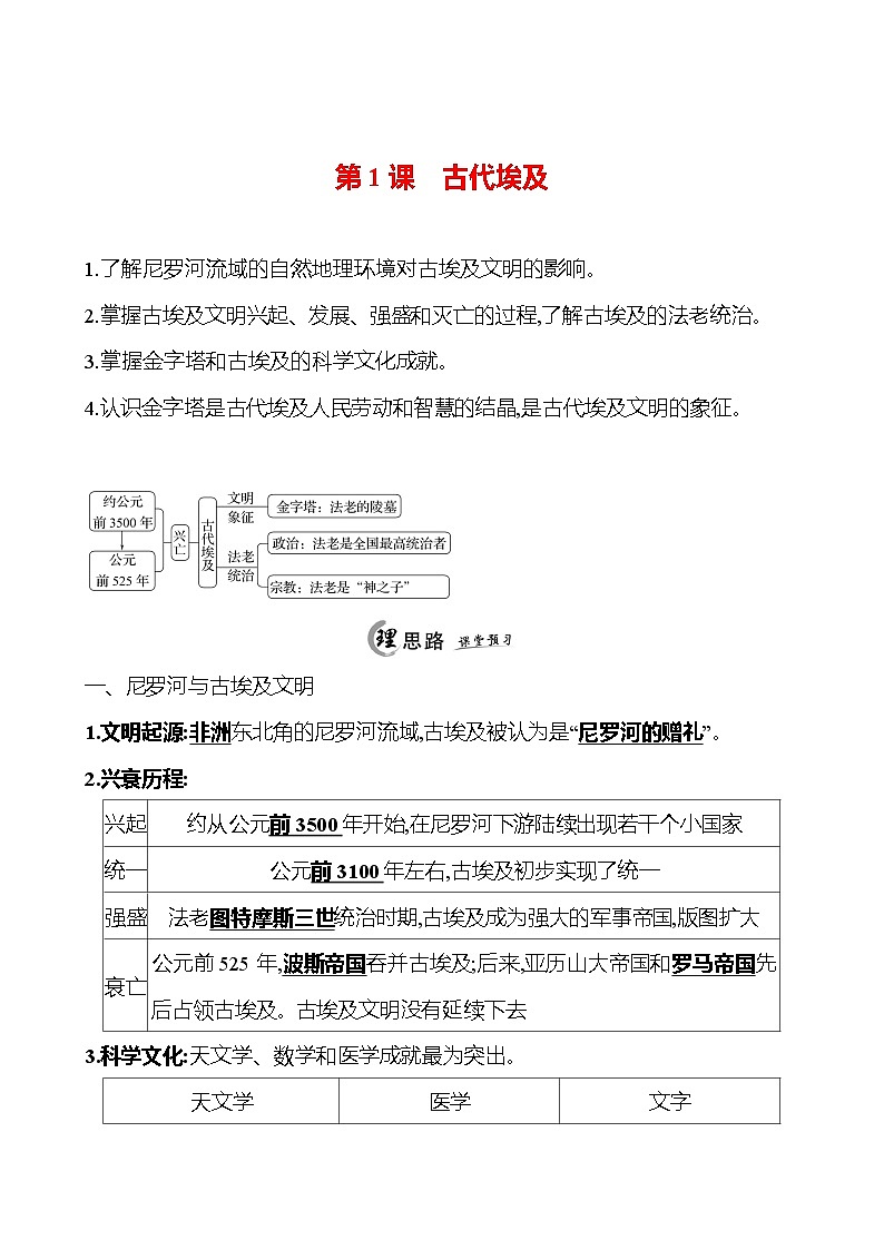 2024-2025 初中历史  九年级上册  第一单元  第1课　古代埃及 每课一练（教师版）  第1页