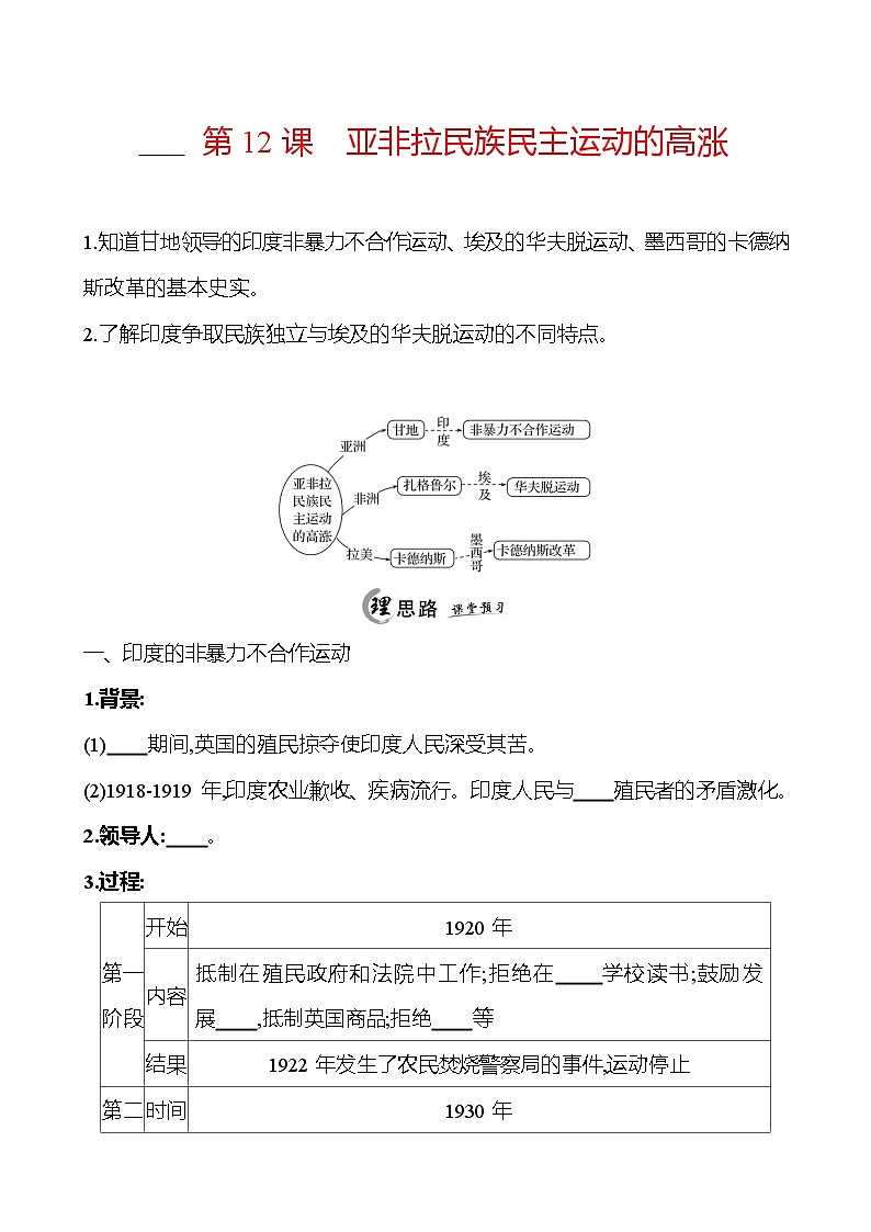 2024-2025 初中历史  九年级下册  第三单元  第12课　亚非拉民族民主运动的高涨 每课一练（学生版）  第1页