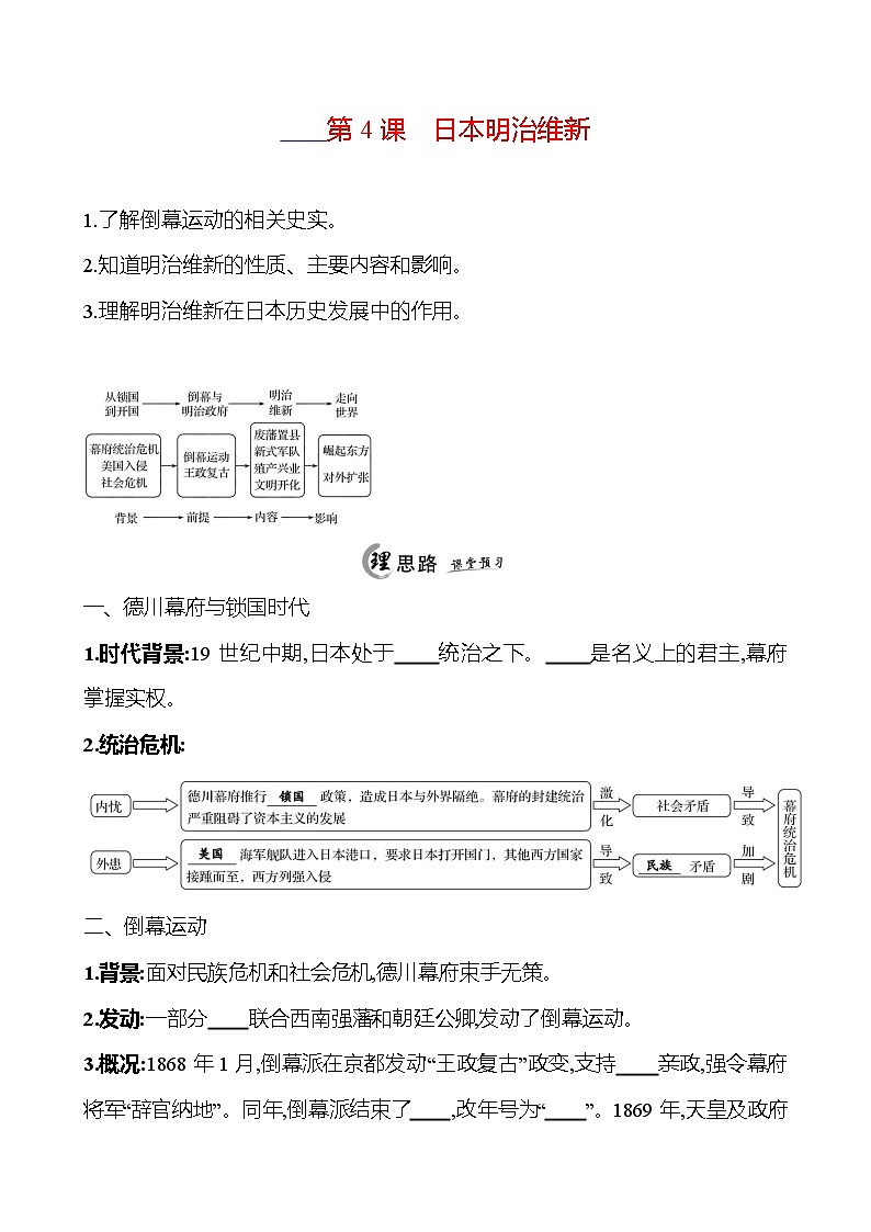 2024-2025 初中历史  九年级下册  第一单元  第4课　日本明治维新 每课一练（学生版）  第1页