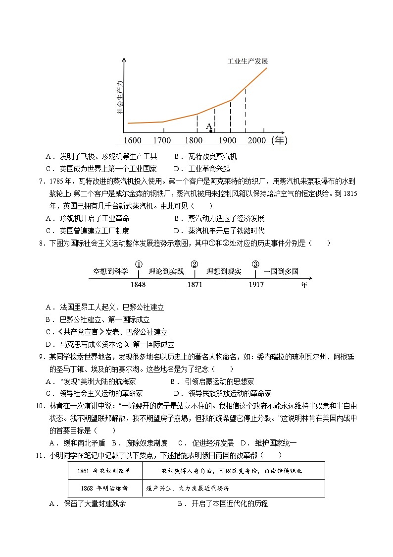 九年级历史第三次月考卷（考试版A4）（山西专用）【测试范围：九上全册+九下1~7课】第2页