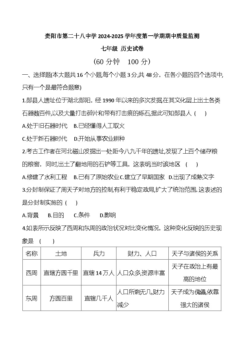 贵州省贵阳市第二十八中学2024-2025学年度七年级上学期期中质量监测历史试卷第1页