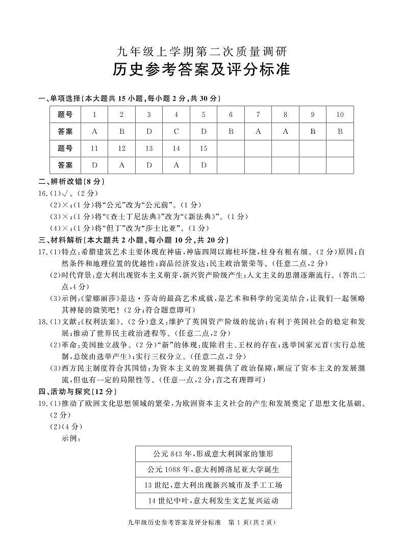 九年级历史答案(1)第1页