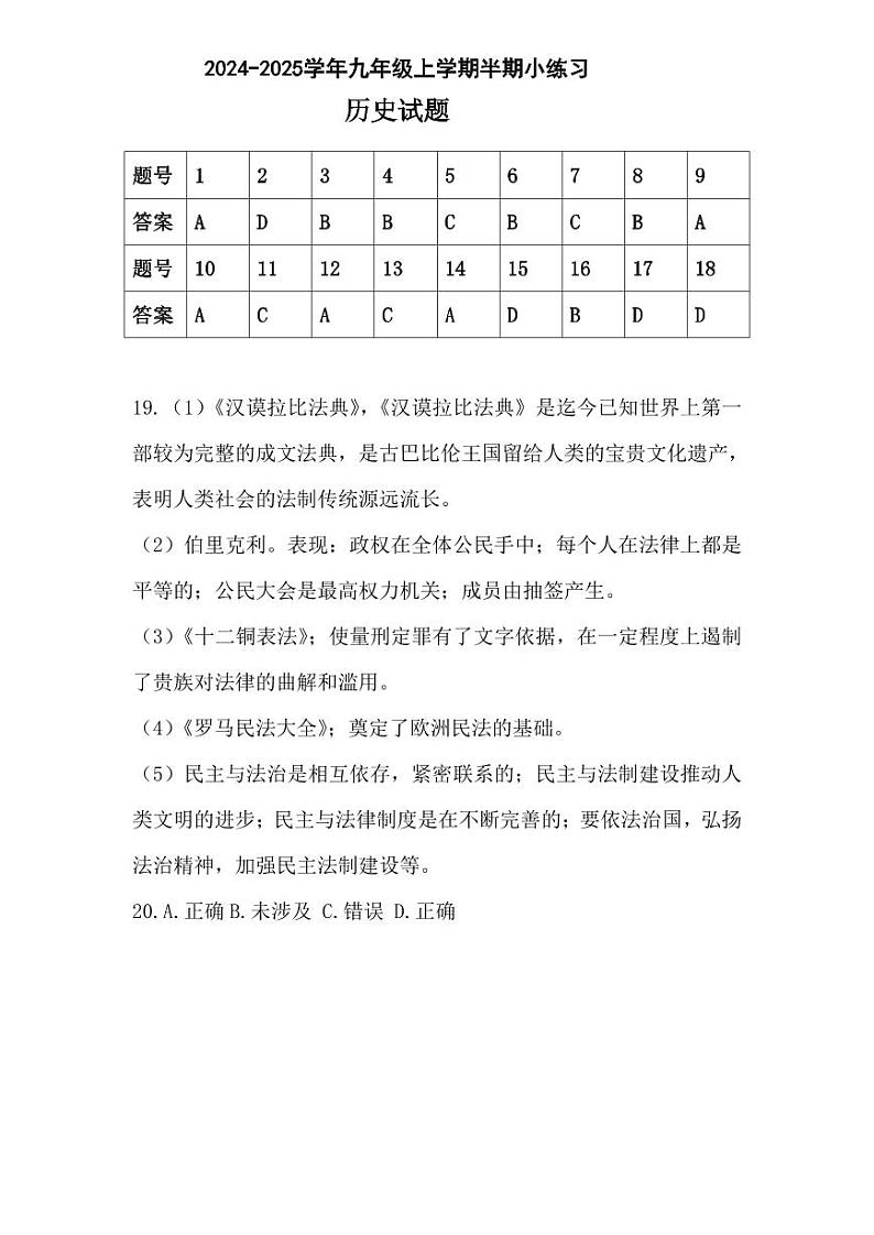 百坡校联体2024-2025学年九年级上学期半期小练习历史答案(1)第1页