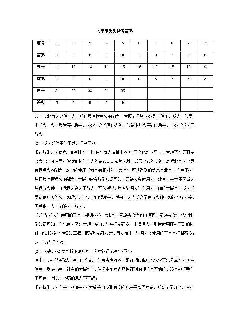 七年级历史 参考答案第1页