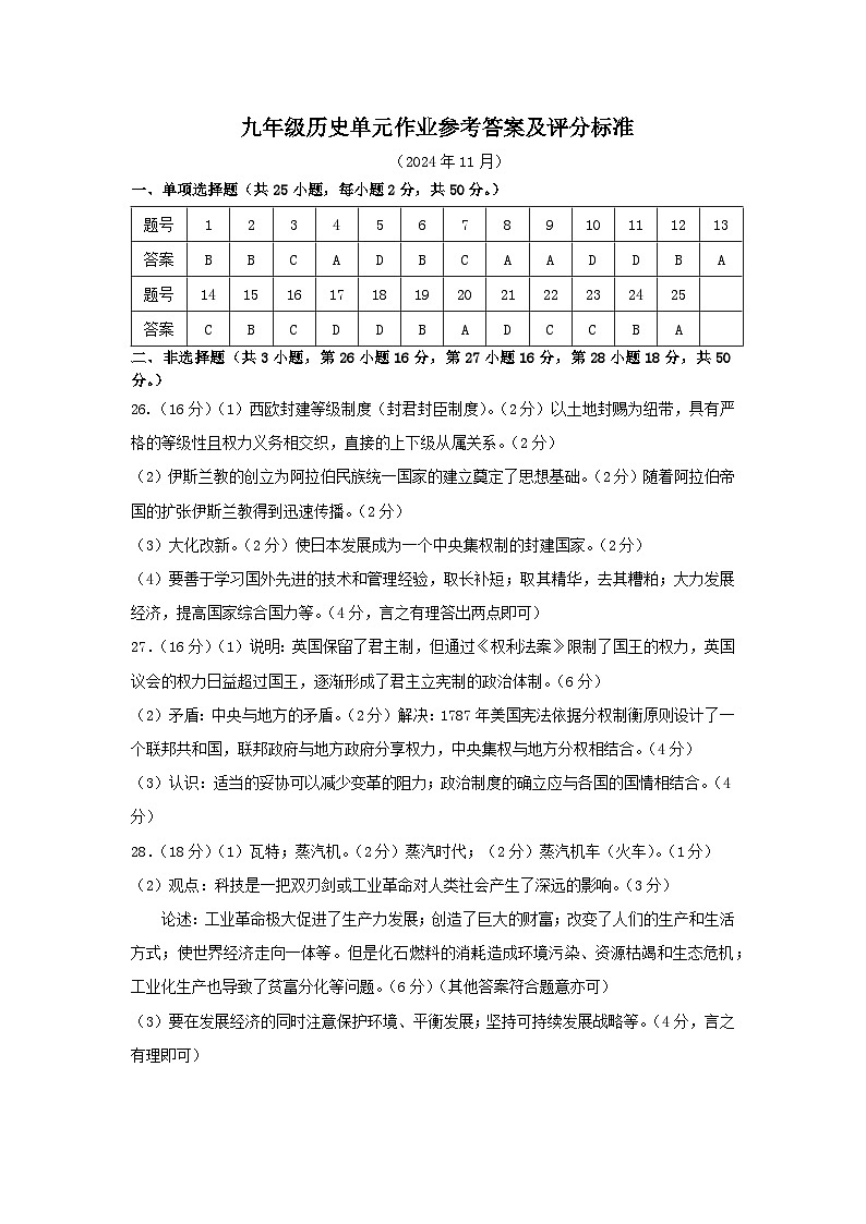 2024.11九年级历史单元作业参考答案及评分标准第1页