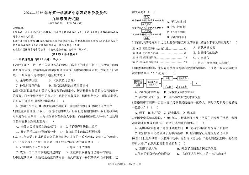 （教研室提供）山东省德州市夏津县2024-2025学年九年级上学期期中考试历史试题第1页
