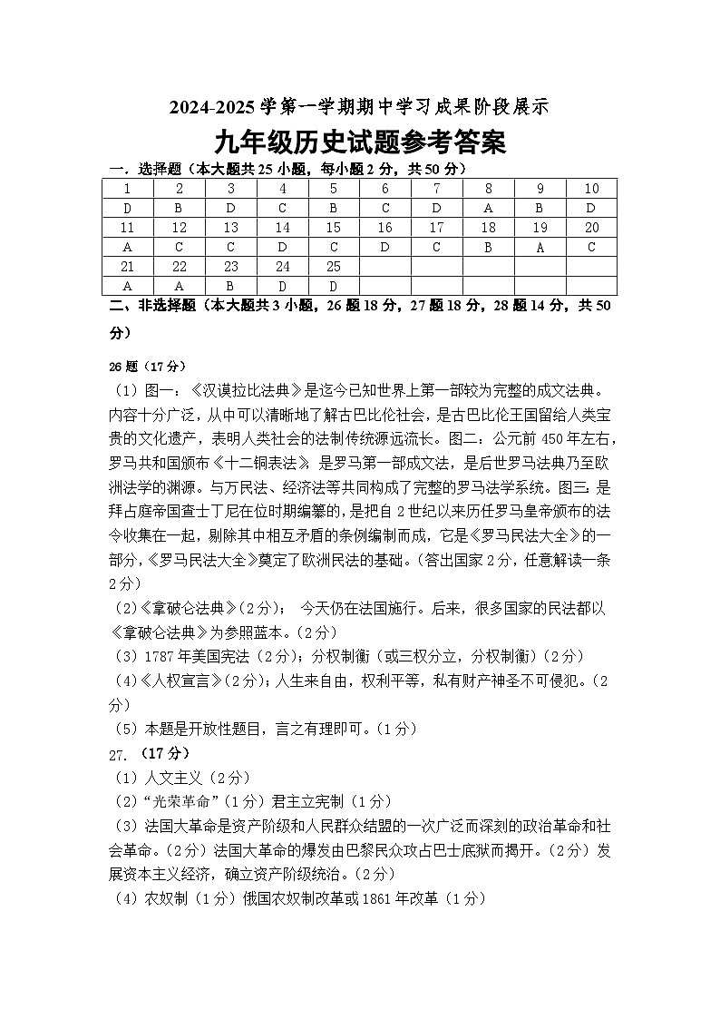 202411九年级历史参考答案第1页