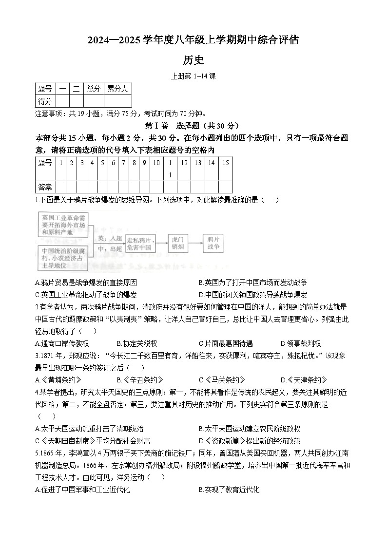 山西省2024-2025学年八年级上学期期中历史试题第1页