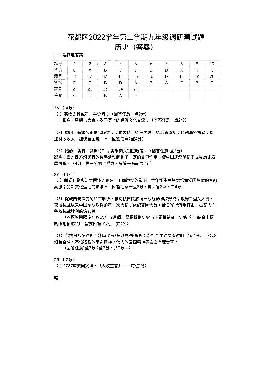 2023年广州市花都区中考一模历史试题答案第1页
