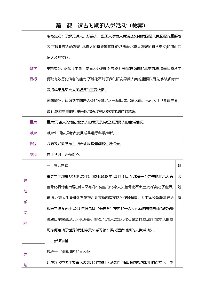 部编版历史七年级上册 第1课 远古时期的人类 活动教案第1页