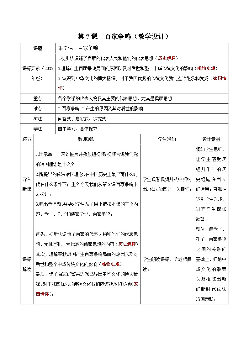 部编版历史七年级上册 第7课 百家争鸣 授课教案第1页