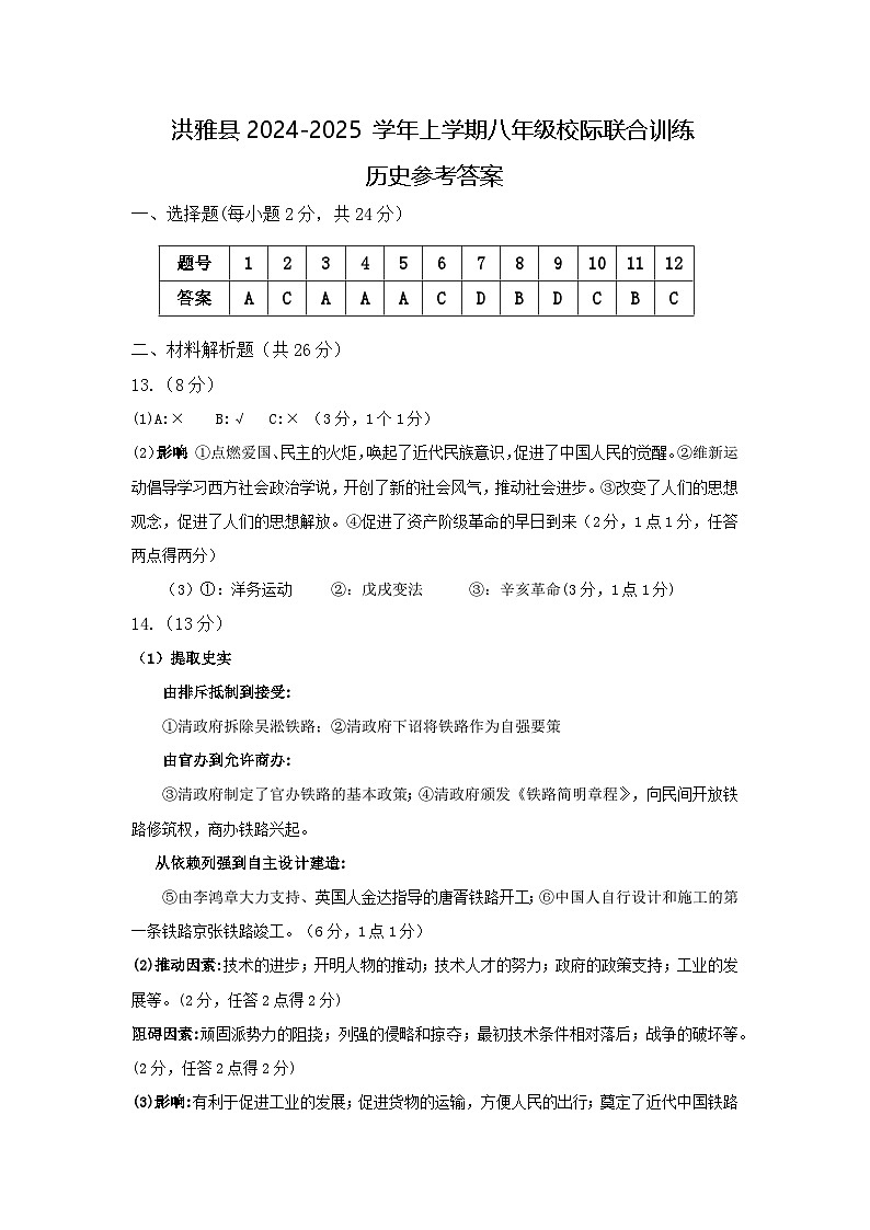 洪雅县2024-2025学年上学期八年级校际联合训练历史参考答案第1页