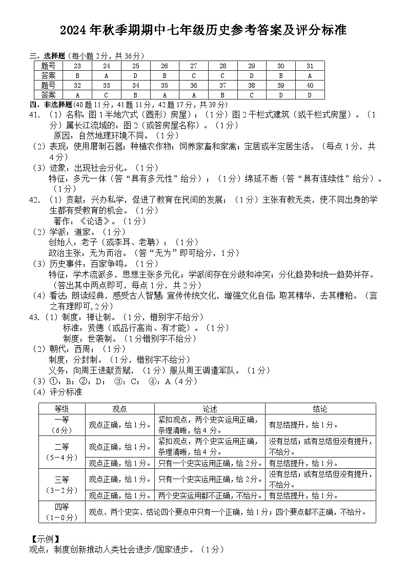 2024年秋季期期中七年级历史答案 第1页
