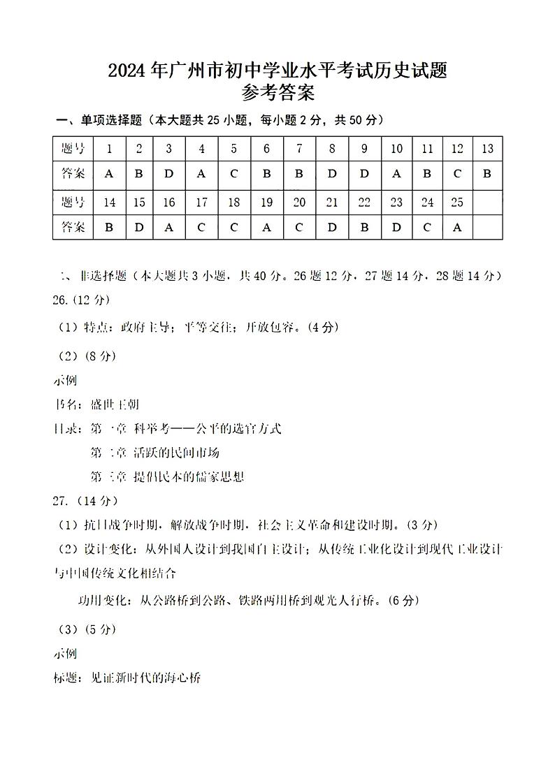 2024年广州中考历史真题试卷答案第1页