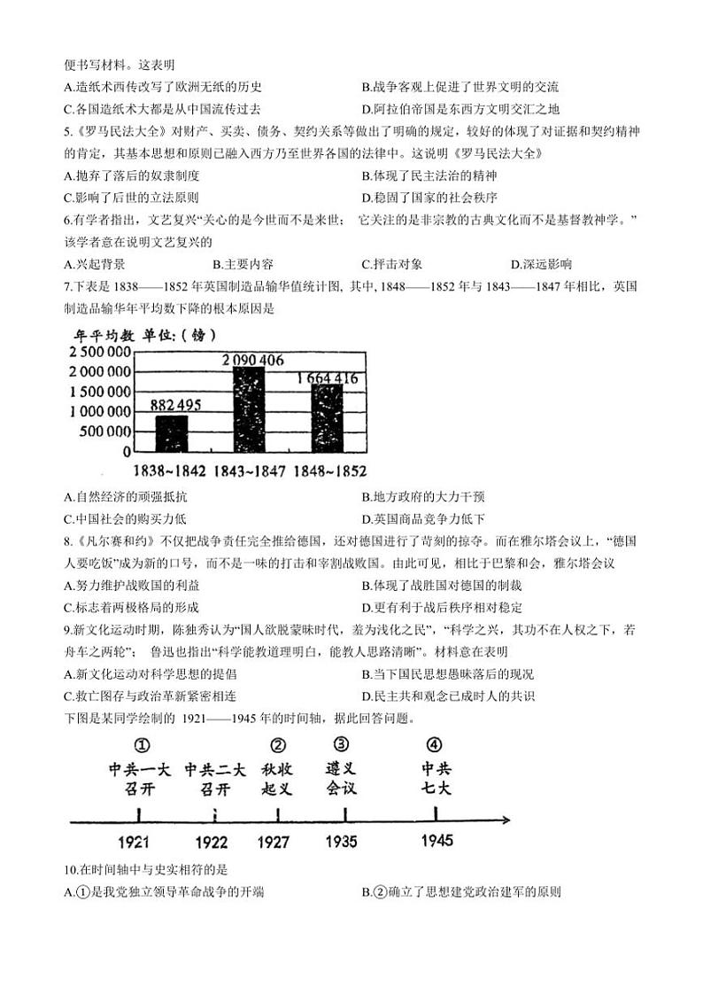 重庆市九龙坡区四川外国语大学附属外国语学校2024～2025学年九年级(上)期中历史试卷(无答案)第2页
