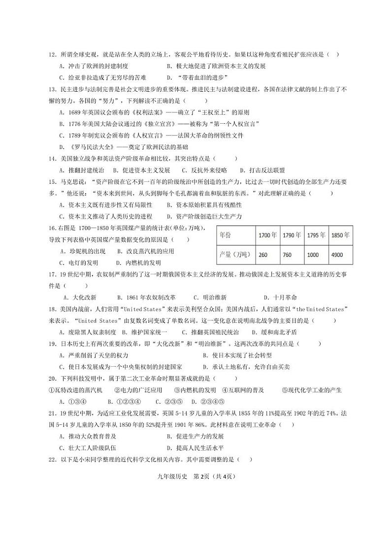 2024～2025学年吉林省长春市赫行教育集团九年级(上)教学质量监测月考历史试卷(含答案)第2页