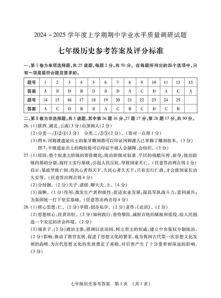 2024七历史上期中答案第1页