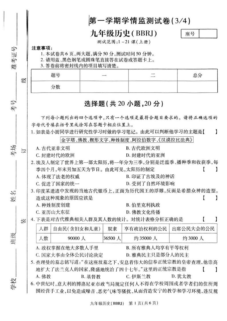 2024～2025学年河南省驻马店市泌阳县部分中学九年级(上)12月月考历史试卷(含答案)第1页