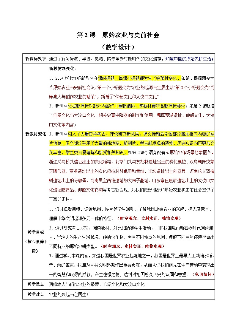 第2课 原始农业与史前社会（教学设计）-（统编版2024）第1页