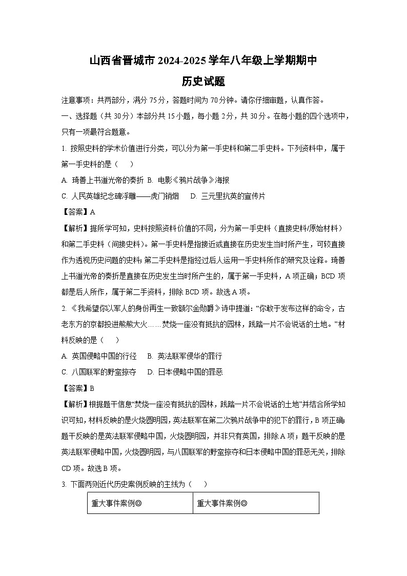 2024~2025学年山西省晋城市八年级上学期期中历史试卷(解析版)第1页