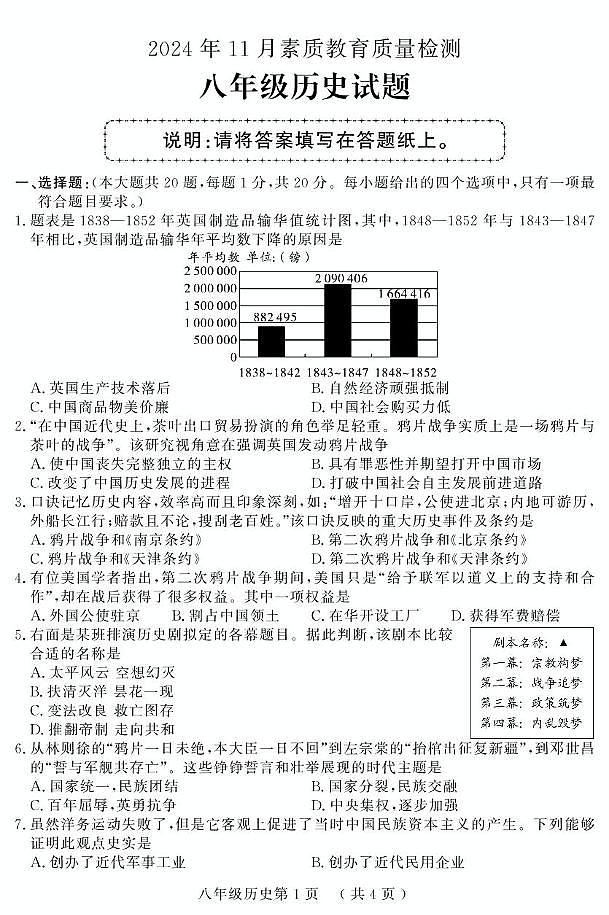 （教研室提供）山东省菏泽市曹县2024-2025学年八年级上学期期中考试历史试题第1页