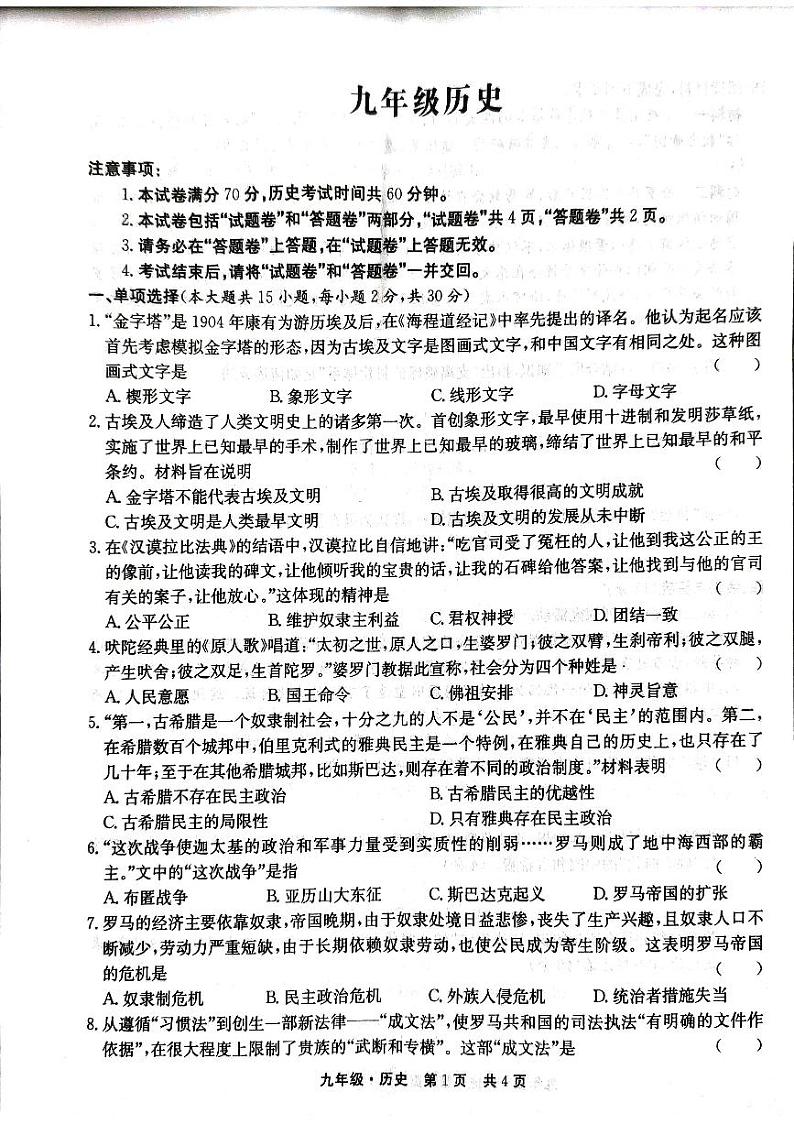 安徽省阜阳市阜南县2024-2025学年九年级历史上学期期中考试试卷第1页