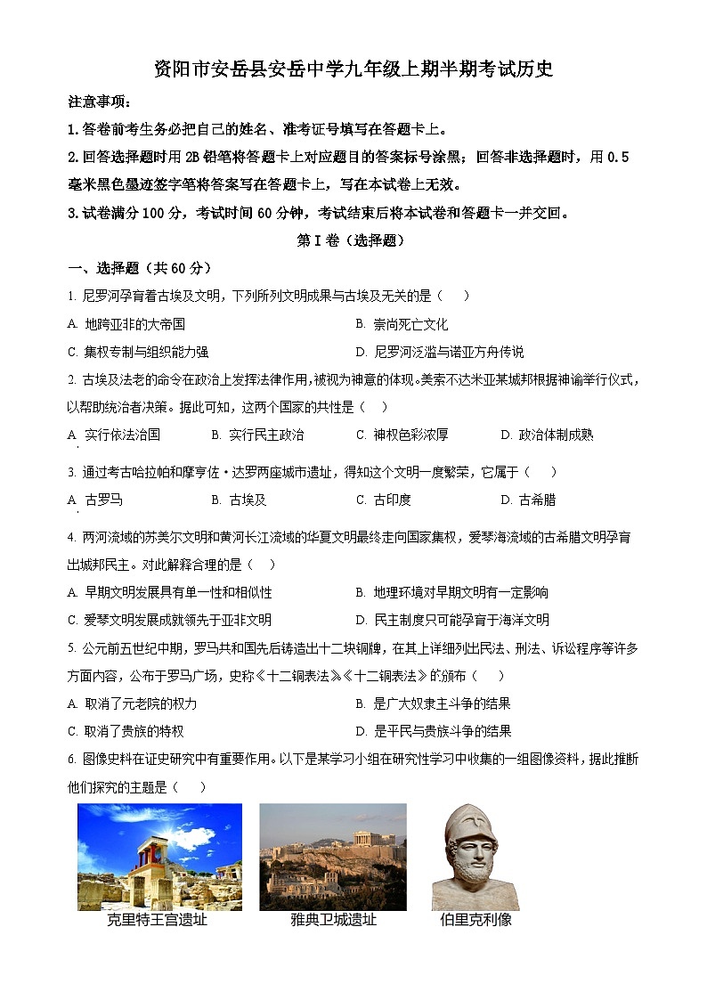 四川省安岳中学2024-2025学年九年级上学期期中历史试题（原卷版）-A4第1页