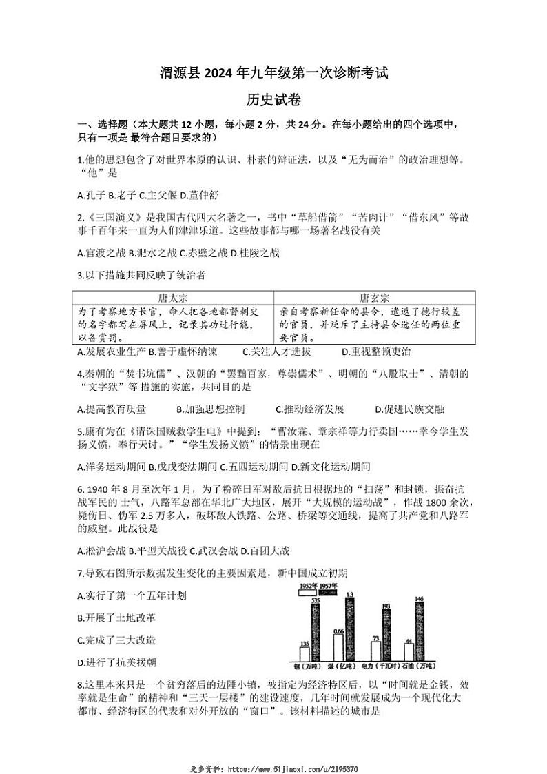 2024～2025学年甘肃省定西市渭源县九年级(上)第一次诊断考试历史试卷(无答案)第1页