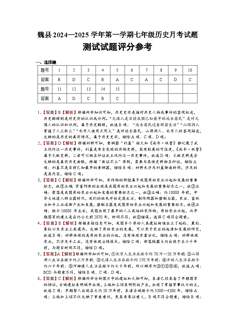 河北省邯郸市魏县2024-2025学年七年级上学期12月月考历史试卷答案.docx第1页