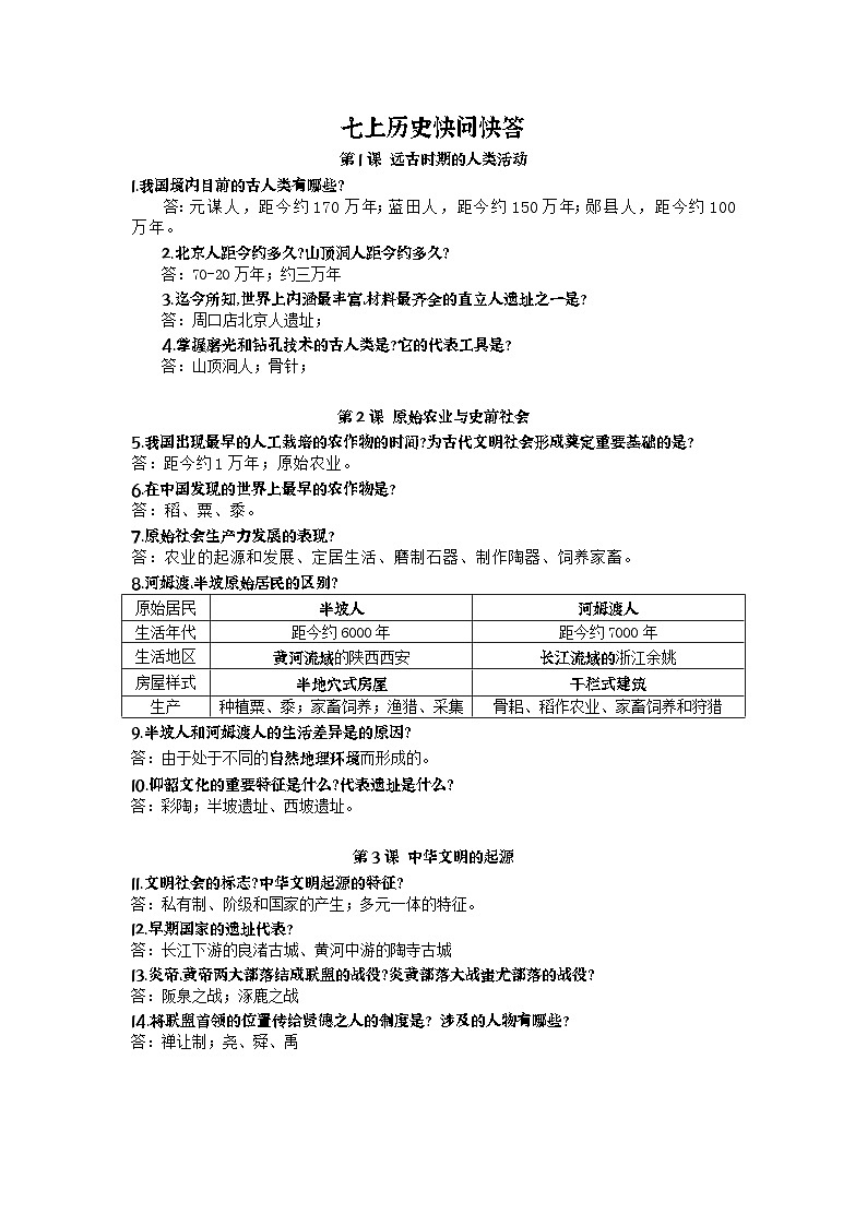 「2024新教材课件」部编版七年级上册历史期末复习资料：快问快答学案第1页