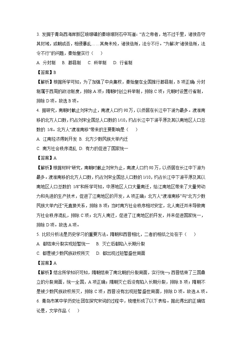 2024年山东省青岛市李沧区中考一模历史试卷(解析版)第2页