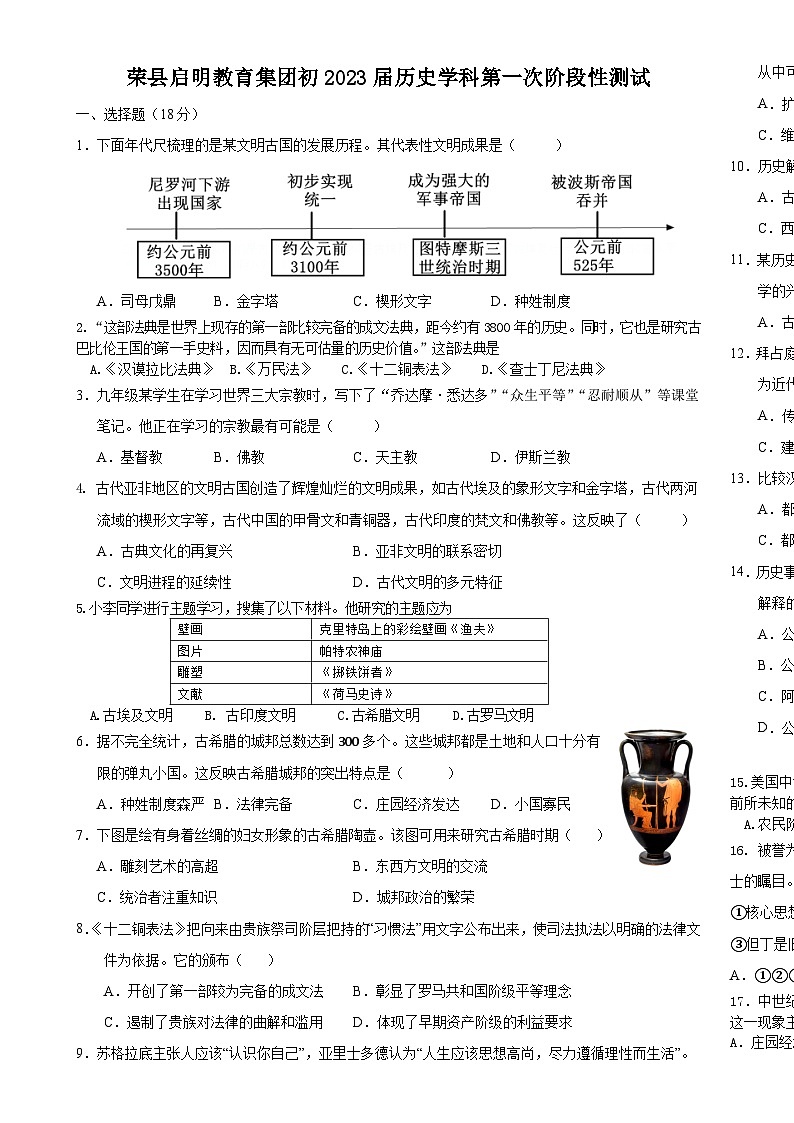 四川省自贡市荣县启明教育集团2024-2025学年九年级上学期第一次月考历史试题-A4第1页