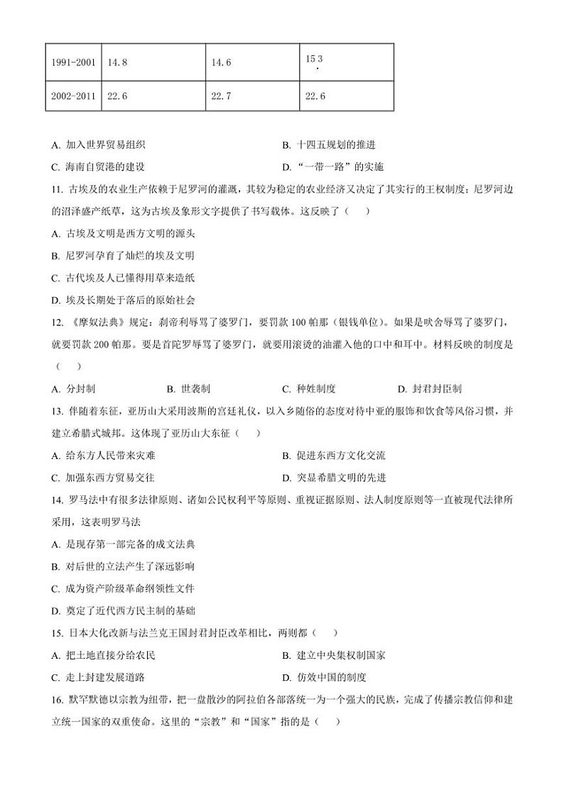2024～2025学年海南省海口市第一中学九年级(上)期中历史试卷(含答案)第3页