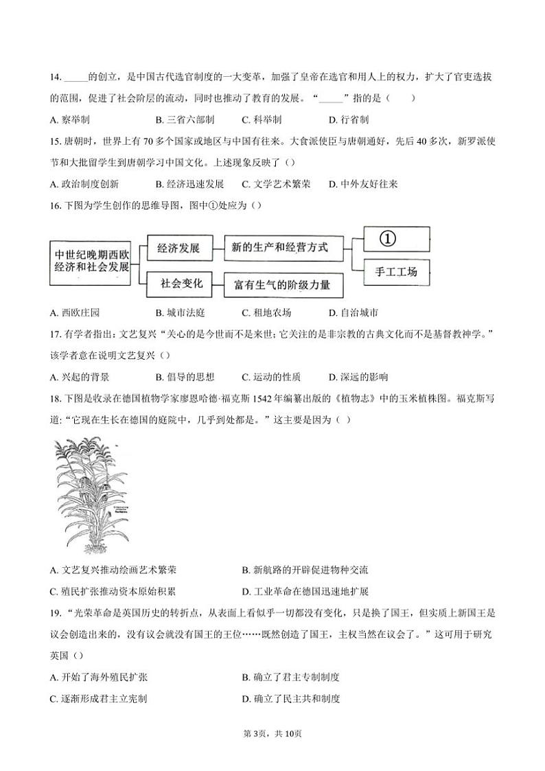 2023～2024学年北京市丰台区九年级(上)期末考试历史试卷(含答案)第3页