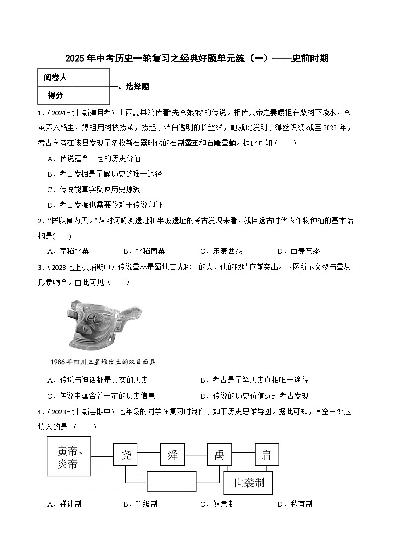 2025年中考历史一轮复习之经典好题单元练（一）——史前时期(学生版)第1页